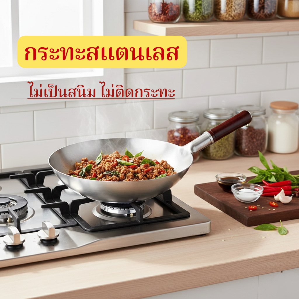 กระทะสแตนเลส กระทะก้นลึก กระทะสแตนเลสแท้ อย่างดี👍ไม่ติดกระทะ ไม่ขึ้นสนิมต ไม่มีหู（ไม่แถมตะหลิว）