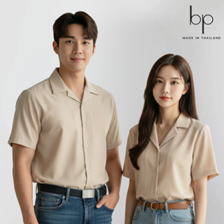 unisex🇰🇷เสื้อเชิ้ตแขนสั้น สีเบจ ทรงโอเวอร์ไซส์สไตล์เกาหลี ผ้…