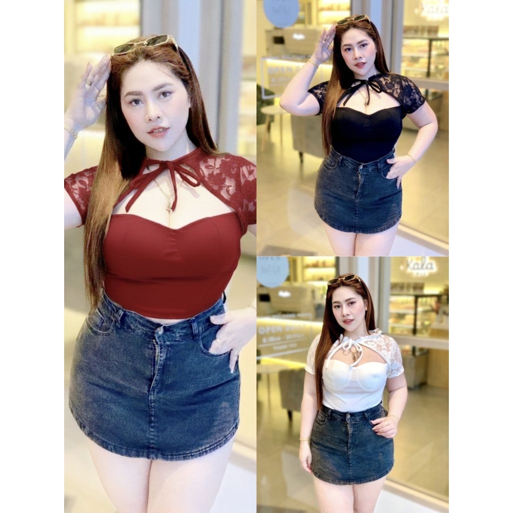 เสื้อทรงคัดเต้าสาวอวบ ผ้าวูลเวฟ แต่งแขนลูกไม้