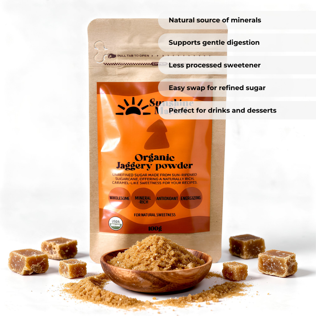 Sunshine Market Organic Jaggery Powder  | ซันไชน์ มาร์เก็ต ผงน้ำตาลอ้อยไม่ขัดสีออร์แกนิก 100 กรัม
