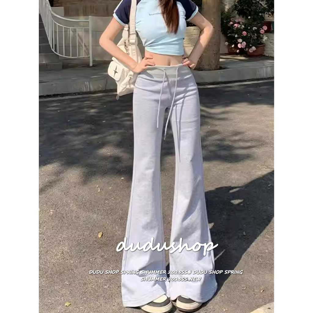 [Solid color casual flared pants]เกาหลีรุ่นวินเทจเรียบง่ายผู้หญิงสีทึบทรัมเป็ตกางเกงลำลอง