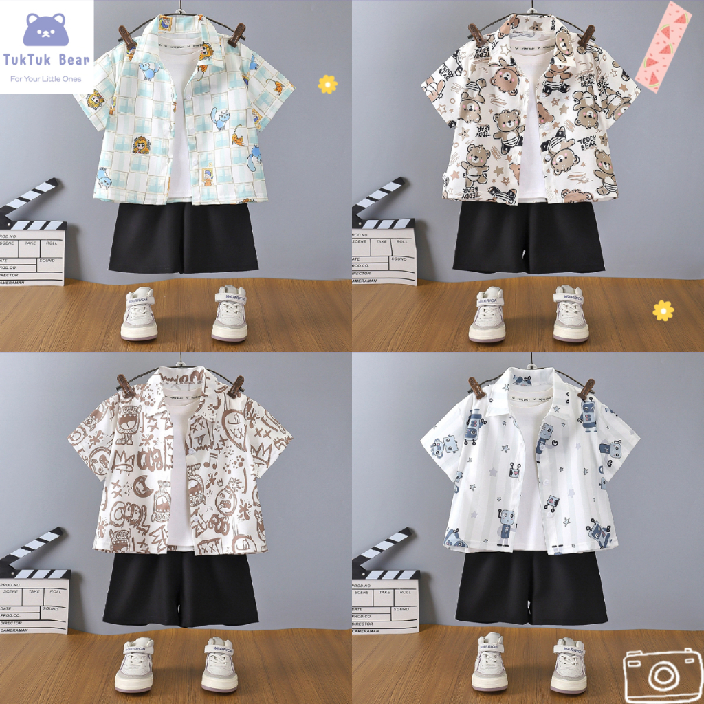 ชุดฮาวายเด็ก ชุดเสื้อเชิ้ตเด็ก พิมพ์ลายการ์ตูน ระบายอากาศดี แฟชั่นฤดูร้อน ใส่เที่ยวได้