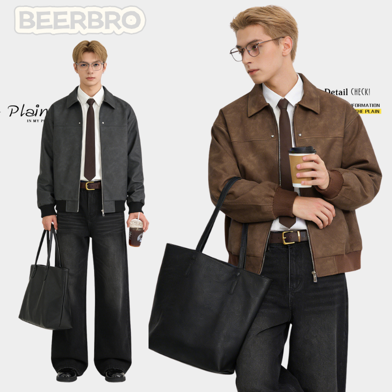 beerbroth-เสื้อแจ็คเก็ตน้ำตาล สไตล์เกาหลี ทรงครอป หนังกลับ กันหนาว ผ้ารุ่น เสื้อJacket