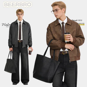 beerbroth-เสื้อแจ็คเก็ตน้ำตาล สไตล์เกาหลี ทรงครอป หนังกลับ กันหนาว ผ้ารุ่น เสื้อJacket