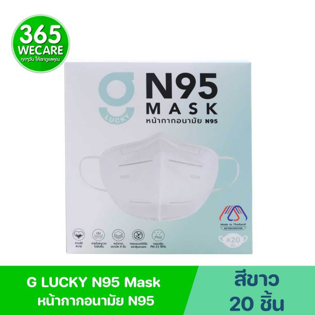 GLUCKY N95 Mask สีขาว กล่อง20ชิ้น หน้ากากอนามัย 4ชั้น กรองแบคทีเรียและฝุ่นละอองกรองฝุ่นPM 25 99%