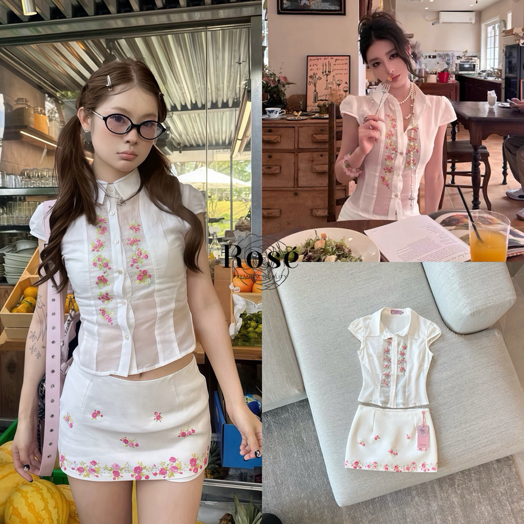 Rosé : Set เสื้อทรงเชิ้ตแขนสั้นเข้ารูป ตกแต่งงานปักลายดอกไม้สีชมพูละเอียดตลอดด้านหน้า เพิ่มความน่ารักแบบวินเทจ