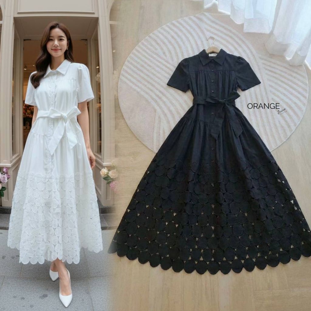 เดรสสีขาวฉลุลาย!!! S-5XL Maxi Dress เดรสสาวอวบ,เดรสสีดำแขนสั้นกระดุมหน้า+สายผูกเอว งานป้าย Orange Juice