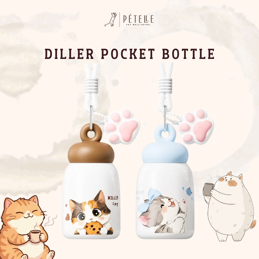 DILLER Pocket Bottle | แก้วน้ำเก็บอุณหภูมิ 270ml ลายน้องแมว พร้อมสายคล้อง & พวงกุญแจอุ้งเท้า