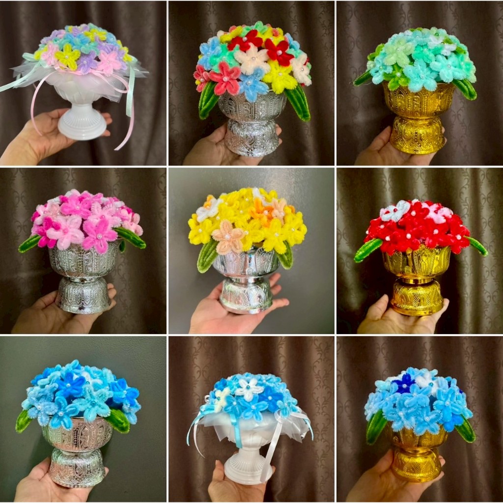 พานดอกไม้สีสดใสขนาดกระทัดรัด ไหว้ครู บูชาพระ งานมงคล พานดอกไม้สวย