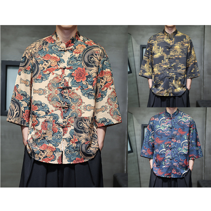 MTS014เสื้อจีนผู้ชายแขนสั้นพร้อมส่งในไทย เสื้อผู้ชายราคาถูก เสื้อใส่เที่ยว อาเซียน เสื้อตรุษจีน