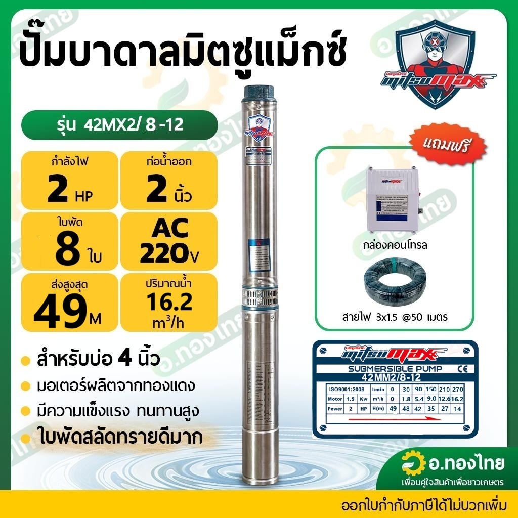 (มีกล่องคอนโทรล) ปั๊มบาดาล ซัมเมอร์ส 2 นิ้ว 2 แรง 8 ใบพัด บ่อ 4 ซัพเมอร์ส ซับเมิร์ส ปั๊มน้ำ MITSUMAX