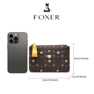 FOXER กระเป๋าสตางค์สั้นแบบมีซิป ดีไซน์บางเฉียบ ที่ใส่บัตรเครดิต กระเป๋าสตางค์ผู้หญิง ที่หนีบเหรียญสีน้ำตาลกาแฟ