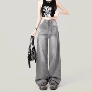S~5XL Cement Gray Baggy jeans กางเกงขาตรงสีเทาอินเทรนด์ 2026 กางเกงยีนส์ลำลองเอวสูงใหม่หลวม HOT