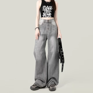S~5XL Cement Gray Baggy jeans กางเกงขาตรงสีเทาอินเทรนด์ 2026 กางเกงยีนส์ลำลองเอวสูงใหม่หลวม HOT