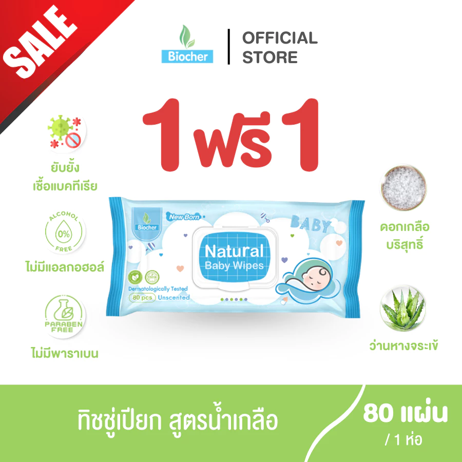 [1แถม1] Biocher ทิชชู่เปียก สูตรน้ำเกลือ ห่อละ 80 แผ่น (Exp.06/2027)