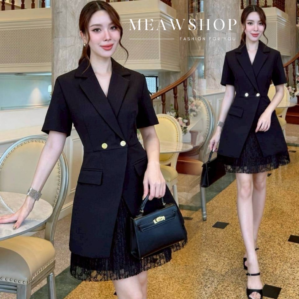 S-3XL เดรสสูทกระโปรงสั้น คอปก ตกแต่งกระเป๋าด้านหน้า Blazer ชุดดำ ชุดทำงานผู้หญิง ชุดไว้อาลัย ชุดสาวอ