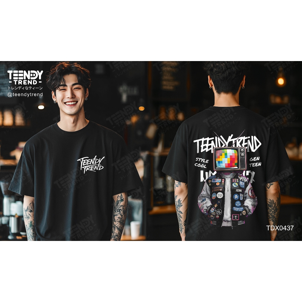 Teendy Trend เสื้อยืดผู้ชาย ผู้หญิง คอตตอน ลายteendy สีดำ รุ่นTDX0437-BL