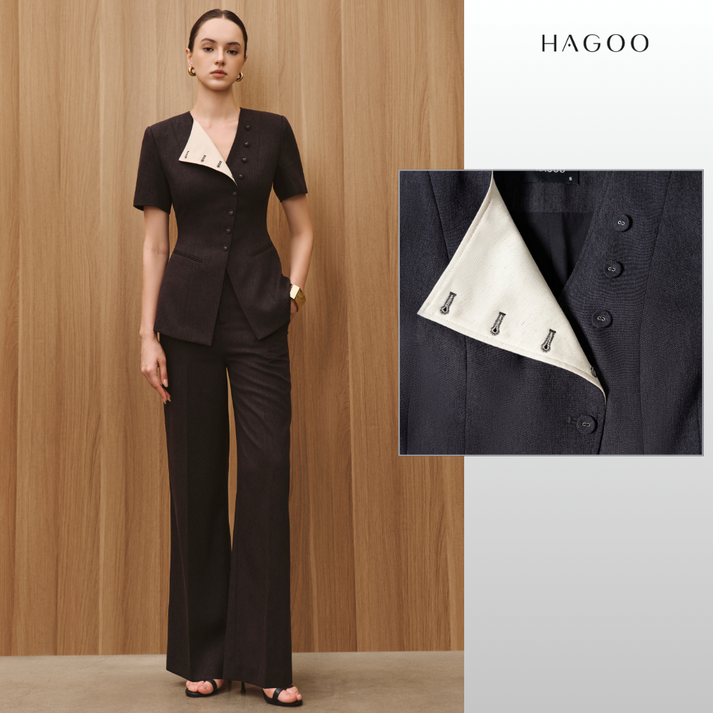 HAGOO เซ็ตทำงาน เสื้อดีไซน์ชายพับ จับคู่กางเกงทรงตรง ลุคสุภาพเรียบหรู [S9007]
