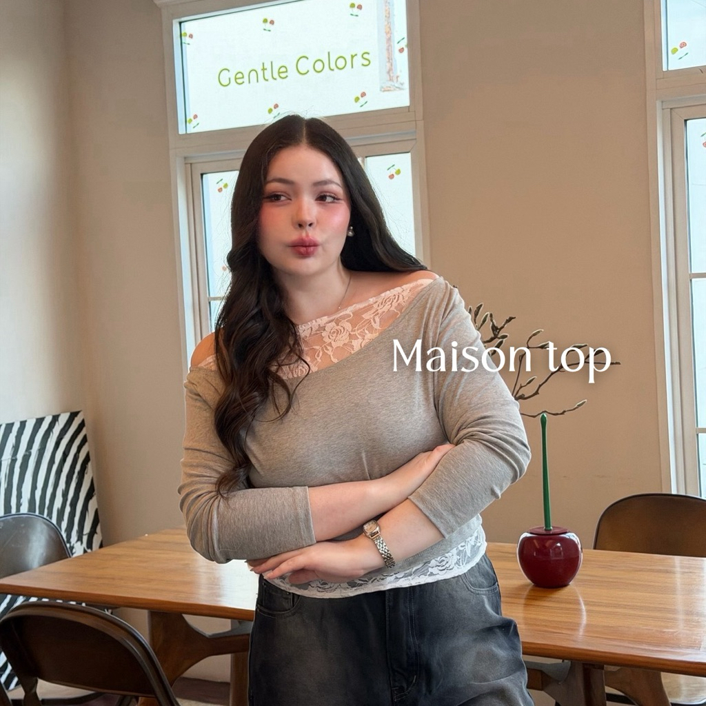 เสื้อปาดไหล่แขนยาว สาวอวบ แต่งผ้าลูกไม้นิ่มยืด อก38-52 | maison top