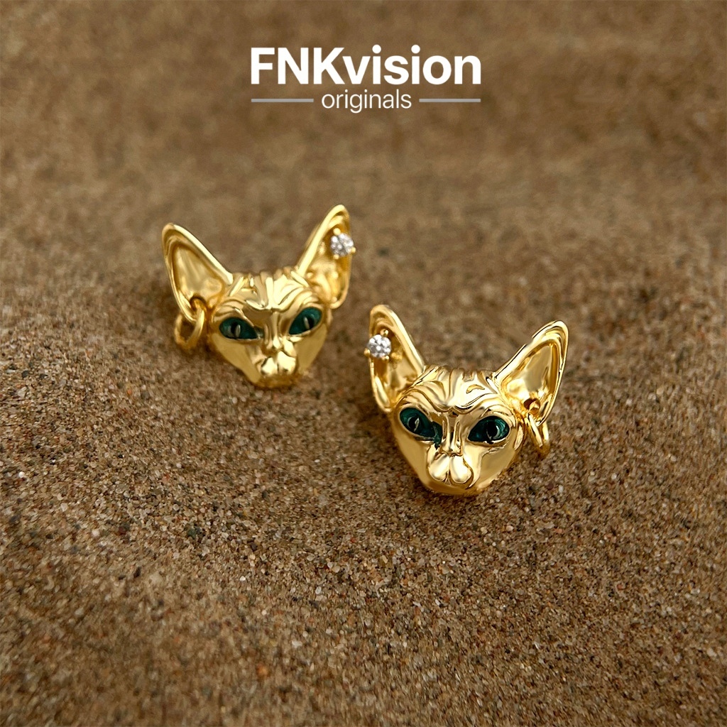 FNKvisionการออกแบบดั้งเดิมต่างหูหัวแมว ทอง18K ชุบหนา สุดฮิต