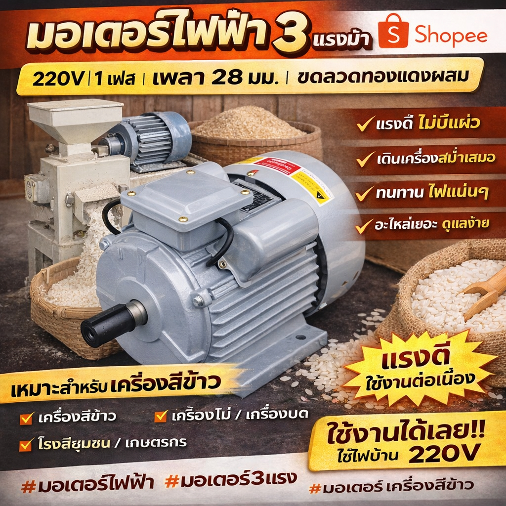 มอเตอร์ไฟฟ้า 3HP มอเตอร์ 3 แรง 2800 RPM รอบเร็ว ขดลวดทองแดงแท้ 100%