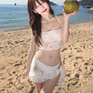 bikini ชุดสามชิ้น วัสดุลูกไม้ ลายพิมพ์วินเทจ สายเดี่ยว เว้าหลัง ย้อนยุค sexy ชุดไปทะเล