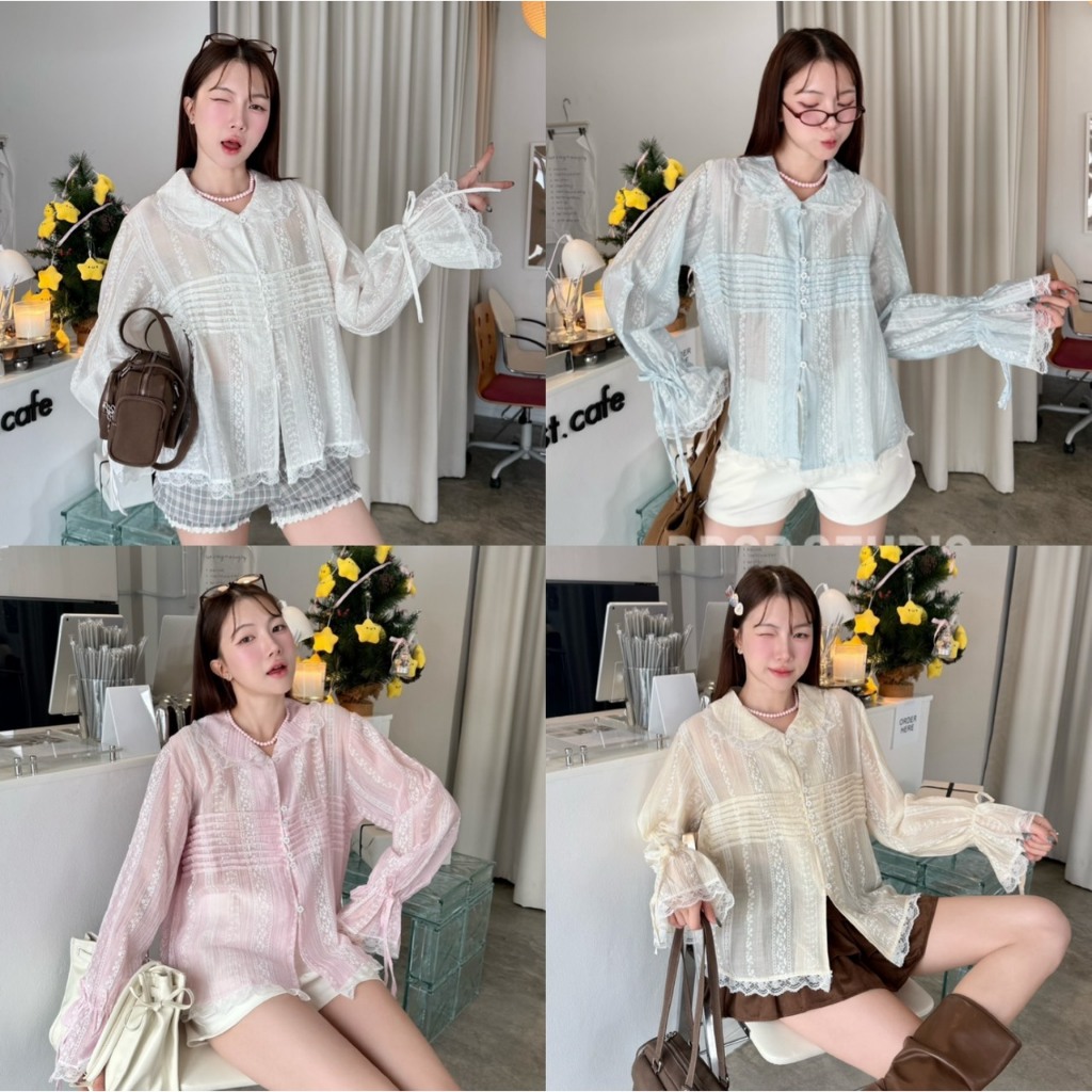 เสื้อแขนยาวผ้าลูกไม้ เสื้อคอบัวแขนยาวลูกไม้แต่งโบว์ที่แขน งานน่ารัก ผ้าแต่งลูกไม้งานกระดุมหน้า PROD (P022)