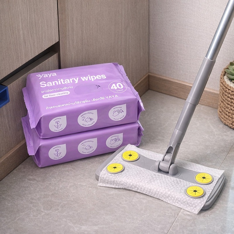 ไม้ถูพื้น ไม้ถูดันฝุ่น กระดาษเปียก พร้อมกลิ่นลาเวนเดอร์ 1 แพ็ค 40 แผ่น ใช้แล้วทิ้ง ไม้ถู กระดาษเปียก และแห้ง Lazy Mop