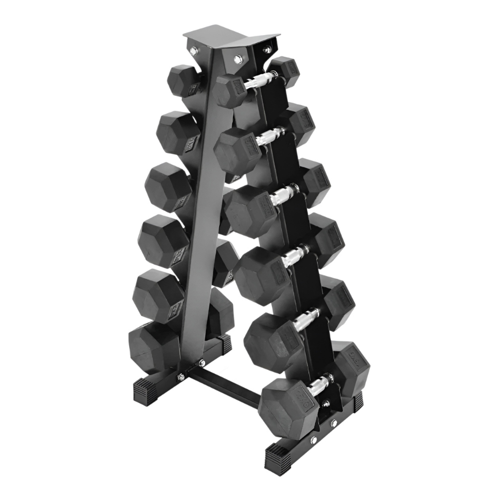 Altrom Sport ดัมเบลเหล็กหกเหลี่ยม + ชั้นวางทรงเอ 105kg Hex Rubber Dumbbell Set with A-frame Rack 105