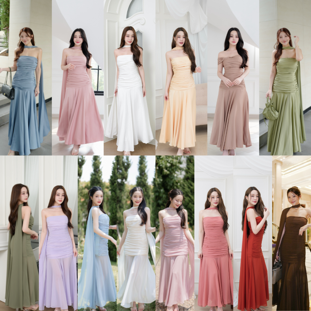 Pirunya - Long Dress 20 เดรสยาวออกงาน เกาะอก จับเดรป กระโปรงระบาย พร้อมผ้าคาดคอ