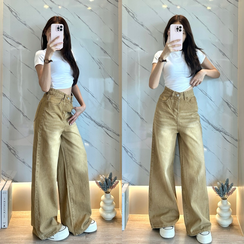 CHANA : Baggy Jeans Caramel Brown XXS - 5XL กางเกงยีนส์ขาบานเองสูง #3086