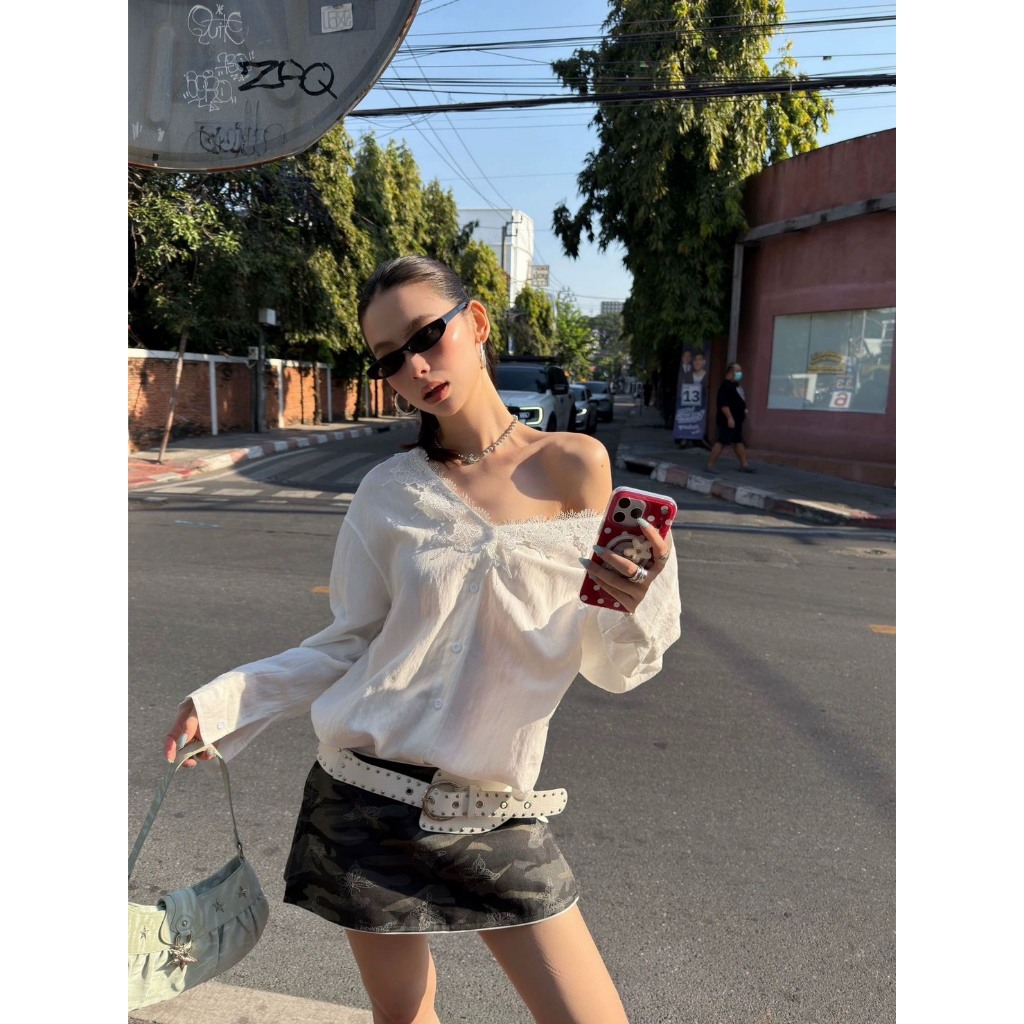 𝗖𝗔𝗠𝗢 𝗦𝗧𝗥𝗘𝗘𝗧 𝗔𝗥𝗠𝗬 𝗦𝗞𝗜𝗥𝗧 กระโปรงลายทหารทรงเอวต่ำรุ่น 26Q008 TAG MM FISH 🇰🇷 - รูปที่ 6