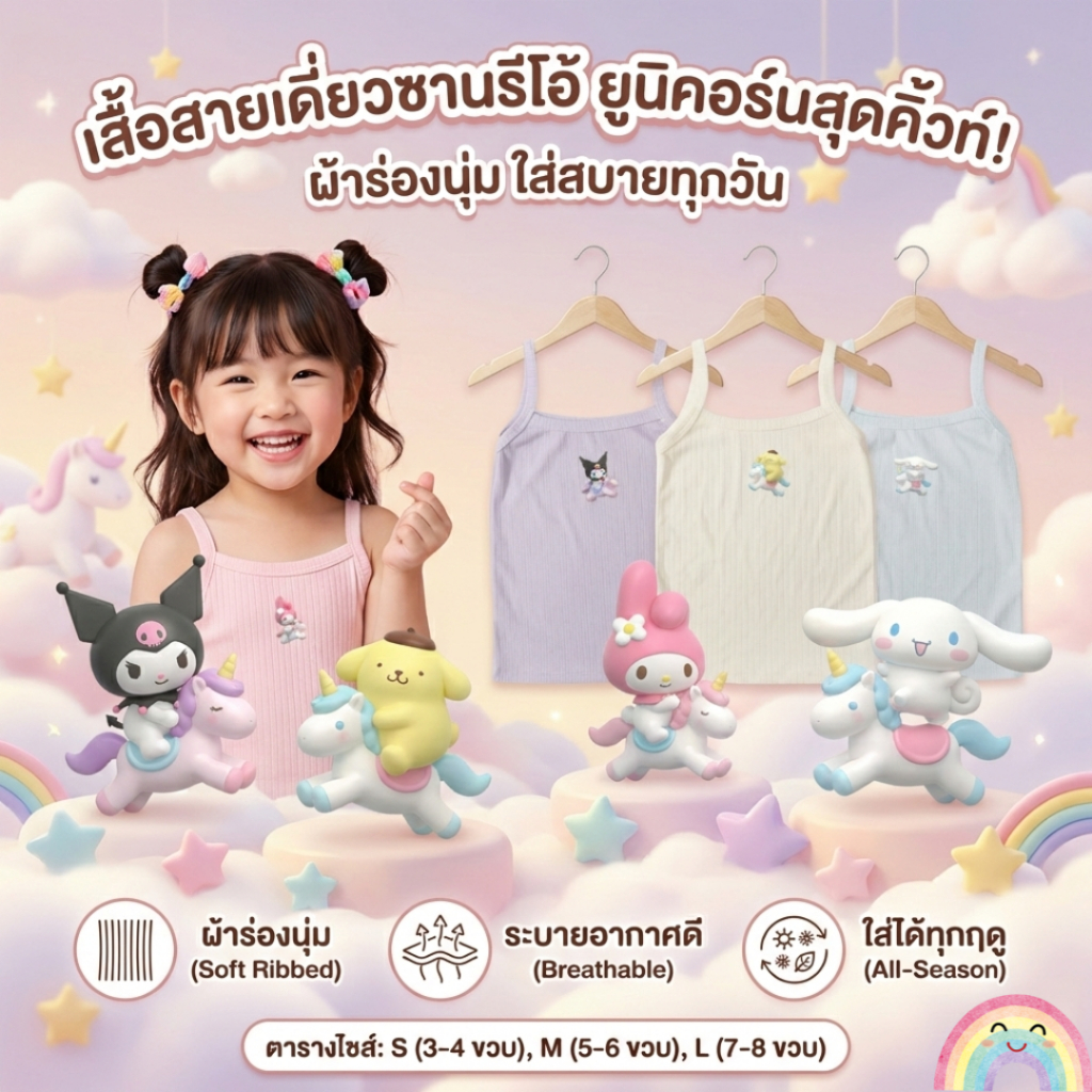 ✨ เสื้อสายเดี่ยว สำหรับเด็ก ผ้าร่องนุ่ม ลายซานรีโอ้ ระบายอากาศดี ใส่สบาย ใส่ได้ทุกฤดู 10-30 กิโลกรัม  #2 🧵💖