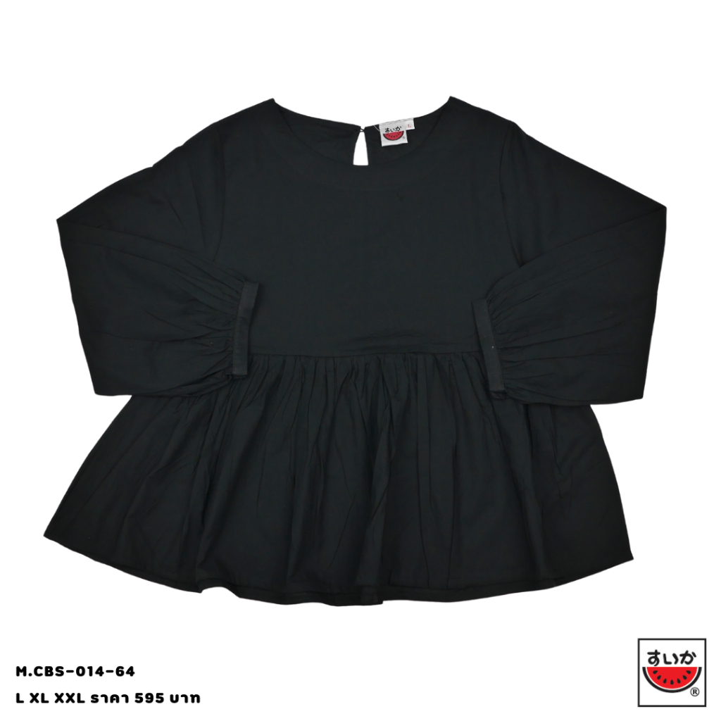 เสื้อแตงโม (SUIKA) - เสื้อคอปาดแขนทรงพองต่อใต้อกรูดจีบหน้า-หลัง แขนสามส่วน (ผ้ามัสลิน) (M.CB3-014) — صورة 3
