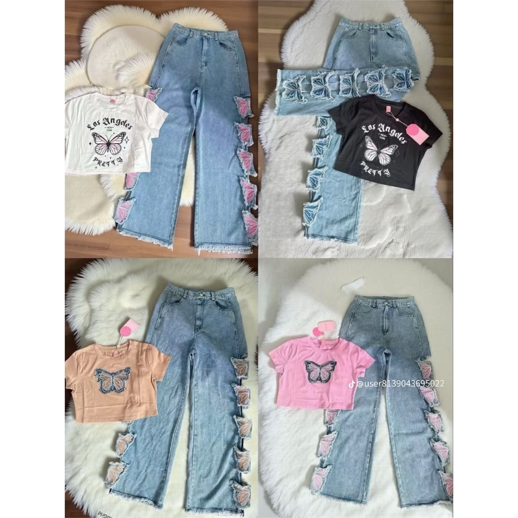 247 ดำมีS-4xl น้ำตาลมีM,3xl[เอวเล็ก1"]เซตกางเกงยีนส์ขายาวแต่งผีเสื้อ