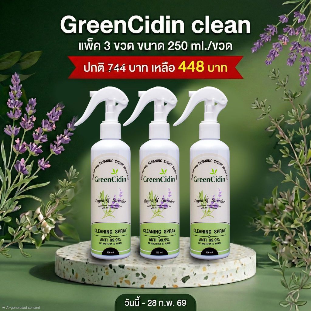 GreenCidin สเปรย์ทำความสะอาด ยับยั้งเชื้อแบคทีเรีย รา และ ไวรัส สูตรปราศจากแอลกอฮอล์ (น้ำยากรีนซิดิน)
