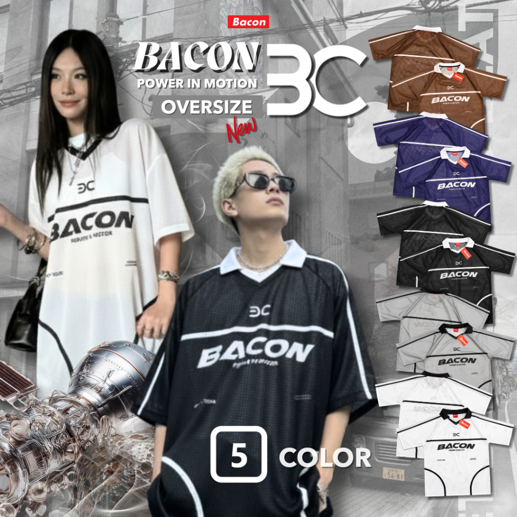 Bacon เสื้อคอปก Oversize ผ้าตาข่าย แต่งแถบดำ ใส่สบาย ไม่ร้อน Unisex ใส่ได้ทั้งชายและหญิง