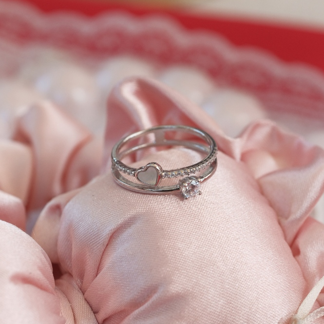 Suwann.na แหวน แหวนเงินแท้ แหวนหัวใจซ้อนเพชร