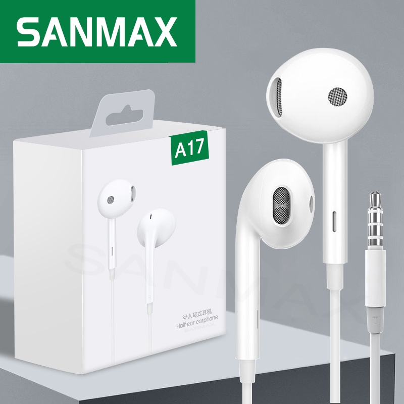 sanmax หูฟัง A17 3.5mm MH135 เสียงดี ไมโครโฟนในตัว สำหรับทุกยี่ห้อ คอมพิวเตอร์ oppo phone Android  (รับประกันหนึ่งปี