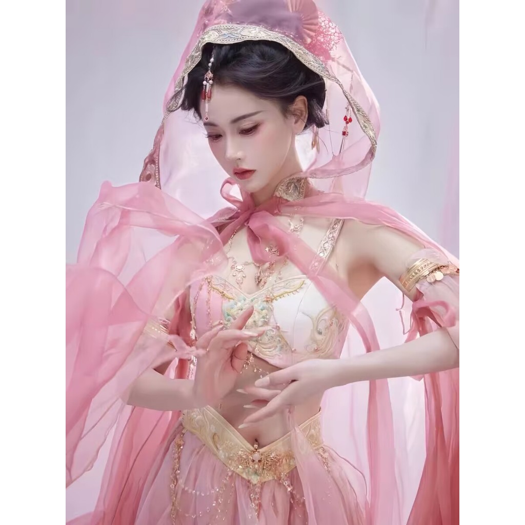 ใหม่สีชมพู Dunhuang บินถ่ายภาพจริงแสดงชุดแปลกใหม่เต้นรำชุดกางเกงโคมไฟตะวันตกเต้นรำ