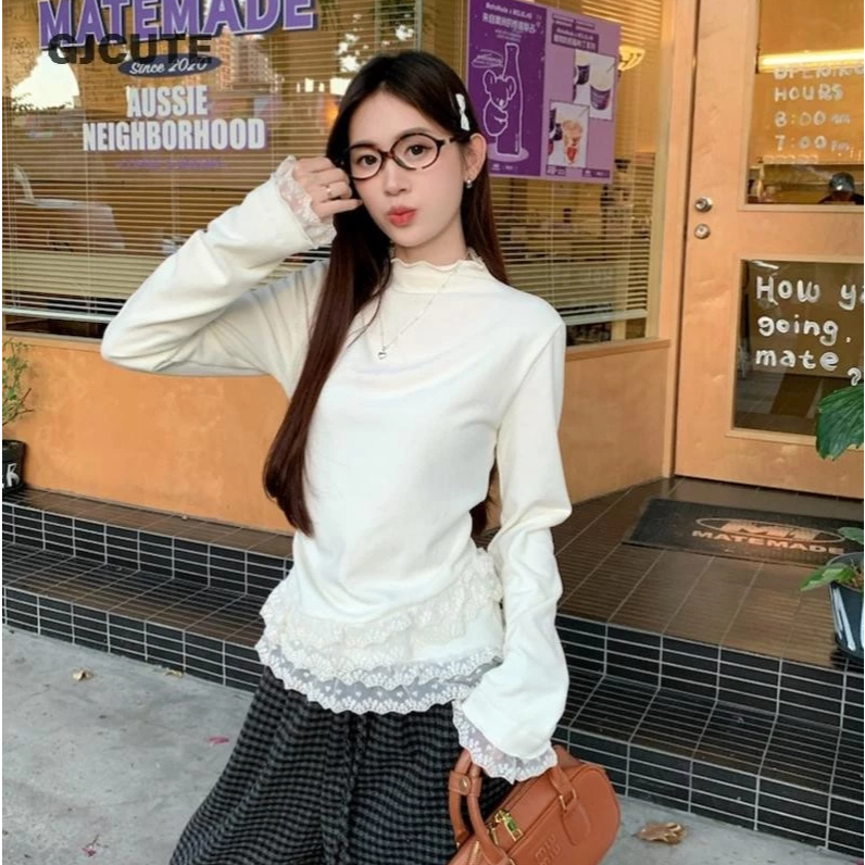 Gjcute เกาหลีหวานลูกไม้ Ruffled แผงรอบคอแขนยาว Slim เสื้อยืดสําหรับผู้หญิง WTD