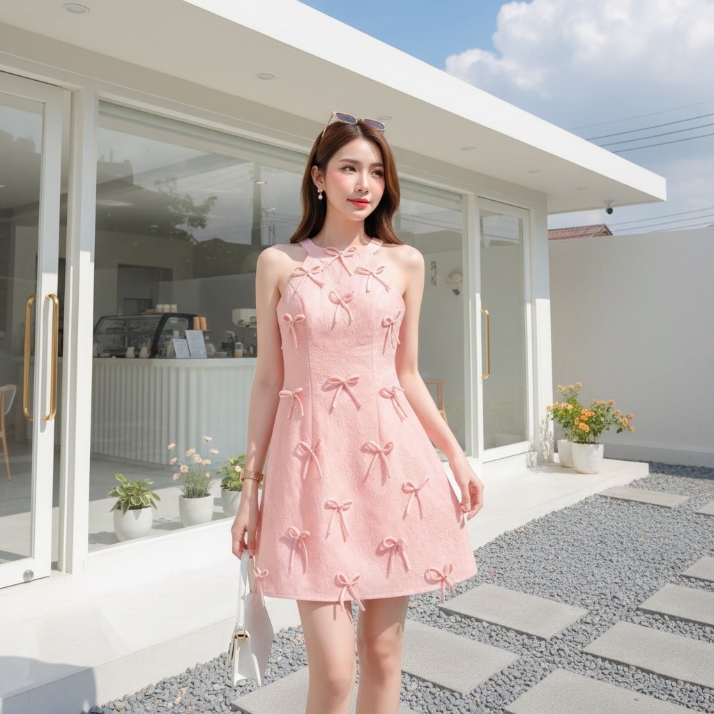 [NITTAYA] D2886 ชุดเดรสกระโปรงยาวคอกลมแต่งระบายแขนสั้นสายผูกโบว์ผ้าลูกไม้ สวยหรูดูแพง ใส่ออกงาน ดินเนอร์ งานแต่ง