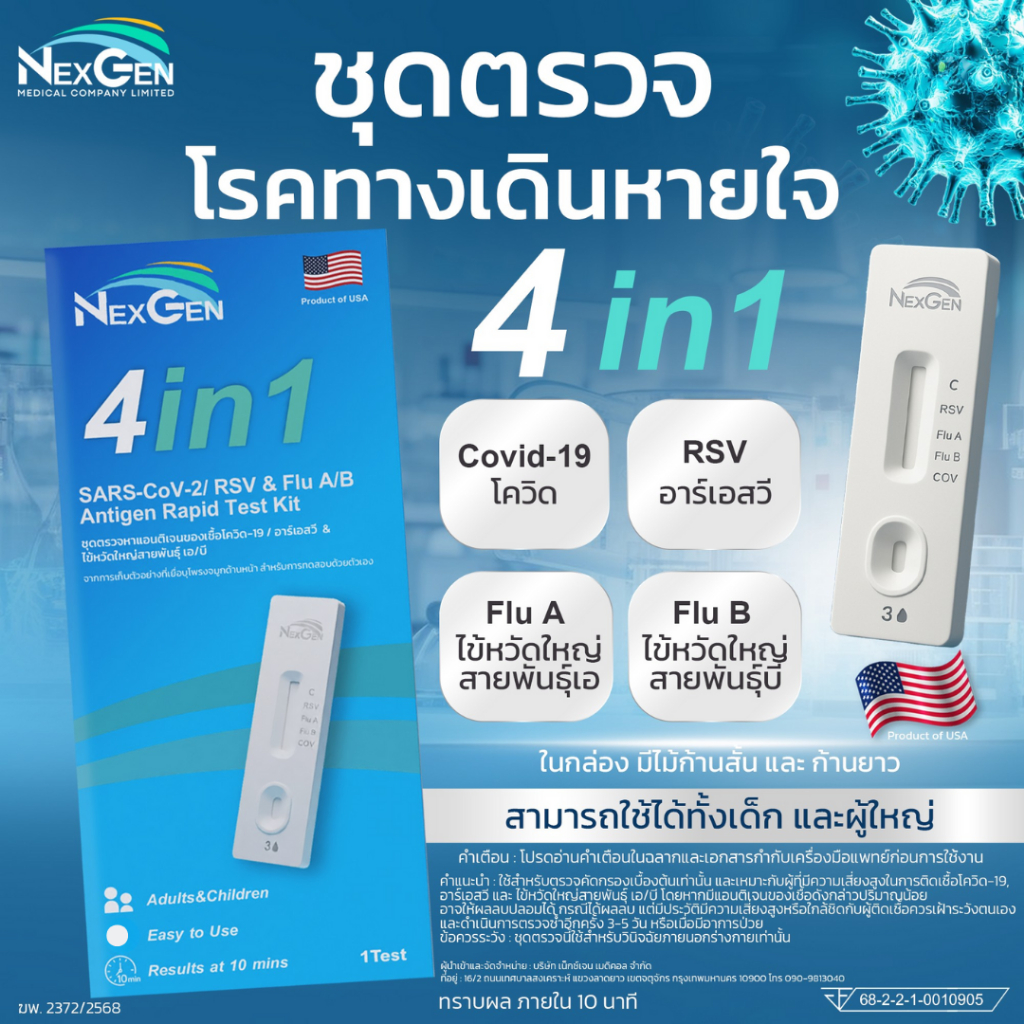 Nexgen 4in1 ชุดตรวจไข้หวัดใหญ่ โควิด อาร์เอสวี Flu A/ Flu B/ Covid/ RSV ATK