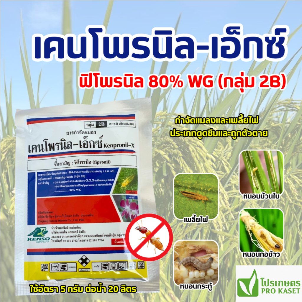 เคนโพรนิล-เอ็กซ์ 50 กรัม (ฟิโพรนิล80%) สูตรเย็น กำจัดเพลี้ยไฟ หนอน ปลวก แมลงปีกแข็ง ด้วงหมัดผัก ไรไก่