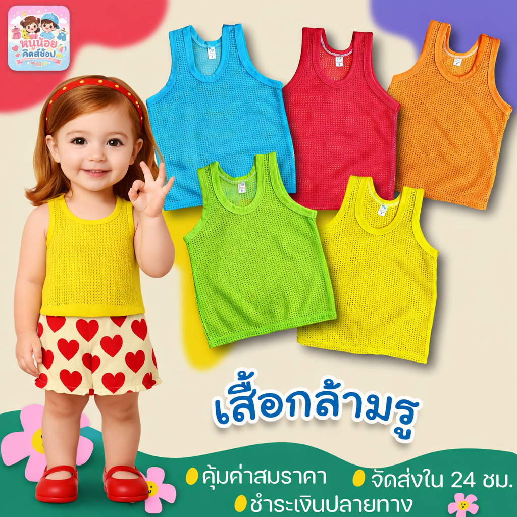เสื้อกล้ามรูเด็ก หลากสี/👍เนื้ออย่างดี🍄( มี 7-8 ขนาด..6เดือน-12ปี ขึ้นไป)📣มีวัดขนาดใว้ให้แล้ว ทุกตัว