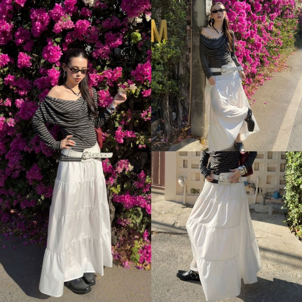 (พร้อมส่ง) 𝗙𝗟𝗢𝗪𝗬 𝗪𝗛𝗜𝗧𝗘 𝗠𝗔𝗫𝗜 𝗦𝗞𝗜𝗥𝗧 กระโปรงยาวระบายเป็นชั้นรุ่น 25Q358 TAG MM FISH 🇰🇷