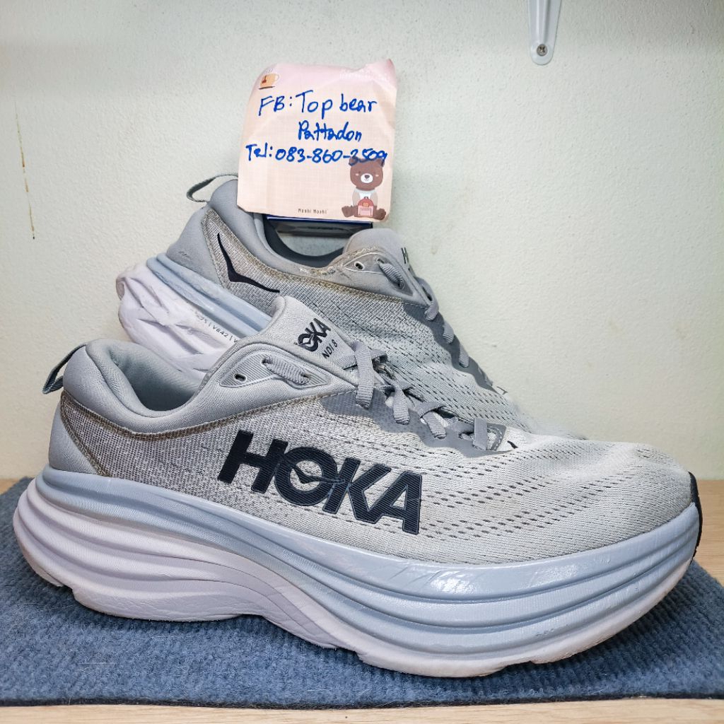 Hoka Bondi 8 🩶🤍 มือสองของแท้💯 ไซส์ Us10 Eu44 28cm รองเท้าวิ่งมือสอง