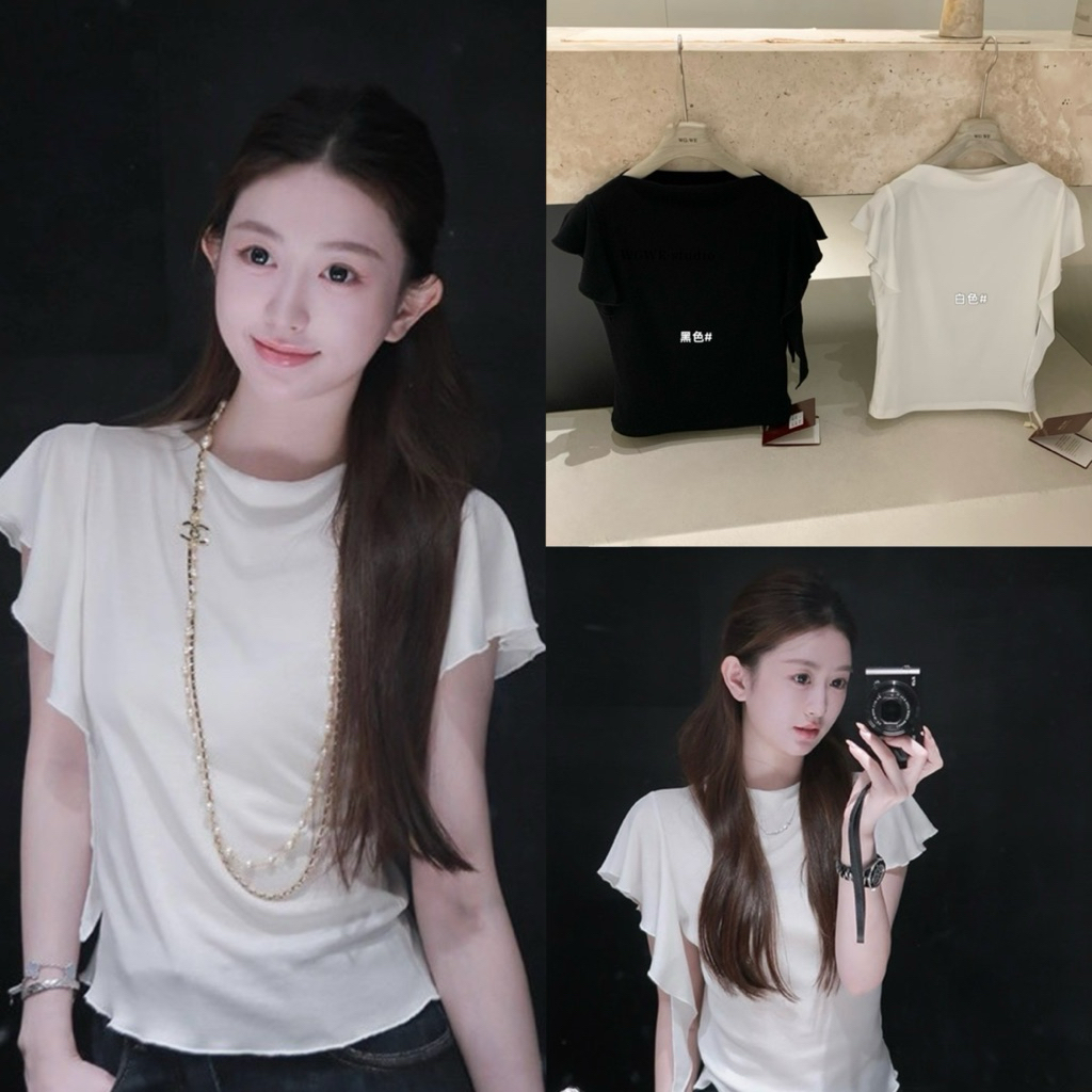 📍พร้อมส่ง ดำ📍8548# เสื้อคอกลมแขนสั้นลายริ้ว สกรีนช่วงอก เนื้อผ้าดี ทรงใส่สบาย TAG:WG.WE 🇰🇷