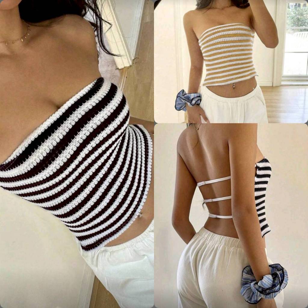 Crop TC25132 เสื้อเกาะอก ลายทาง เปิดหลัง