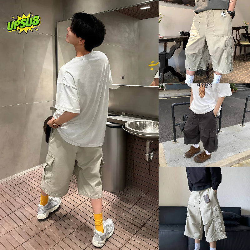 UPSU8 กางเกงคาร์โก้ผู้ชาย นิ่มใส่สบาย ทรงสวย ผ้าหนา กางเกงลำลอง Capris สไตล์สตรีทแคชชวล คุณภาพสูง